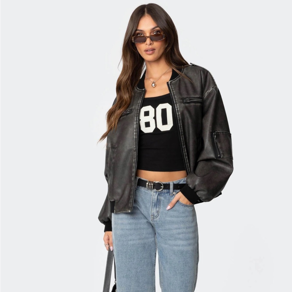 Editked Vava Washed Faux Leather Bomber Jacket